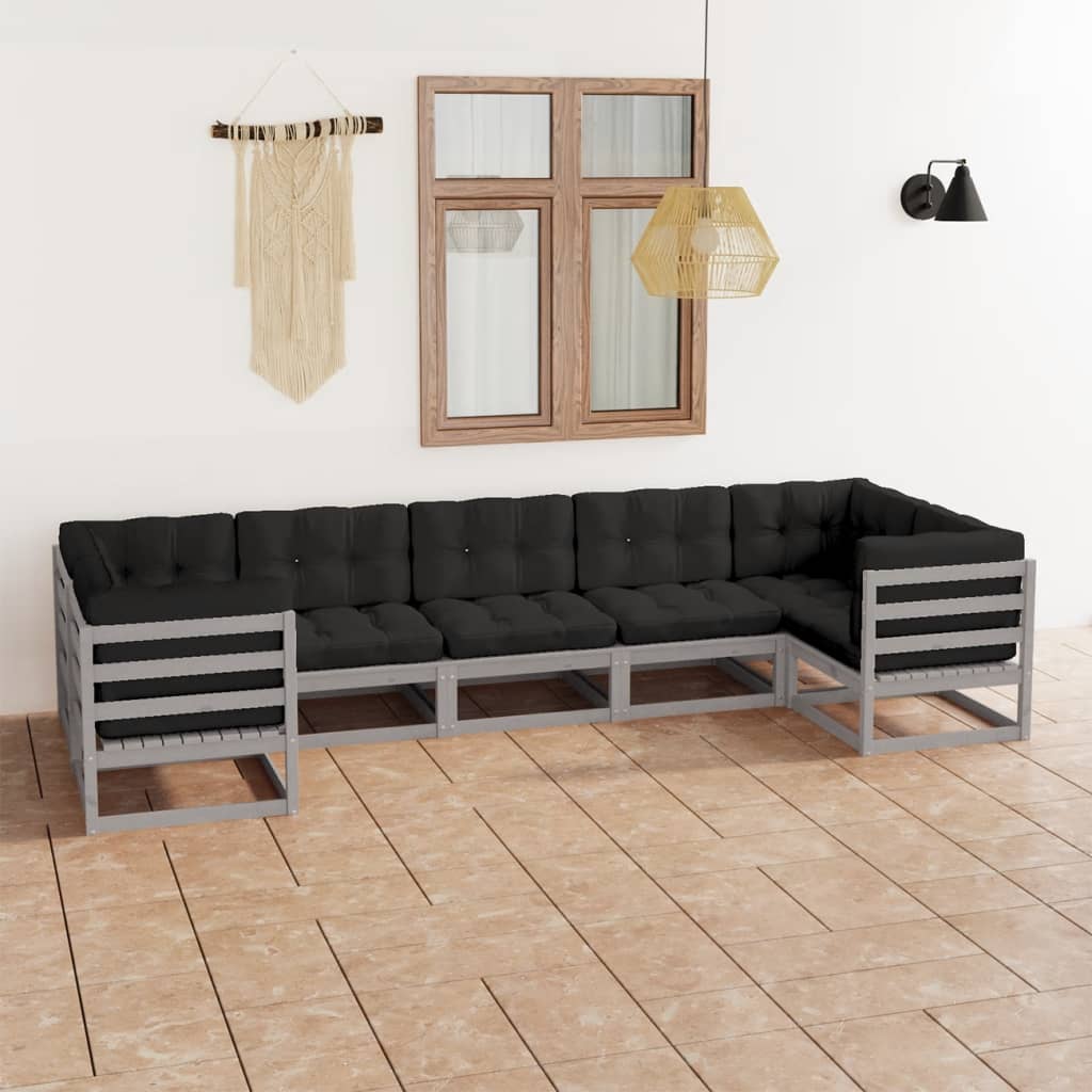 7-tlg. Garten-Lounge-Set mit Kissen Grau Kiefer Massivholz